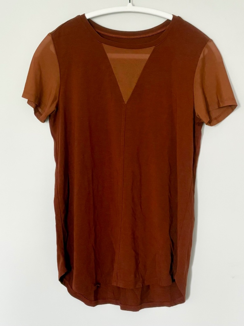 Anatomie Essentials Travel Top Rust Orange Sheer Sleeve Performance Blouse Hi-Lo